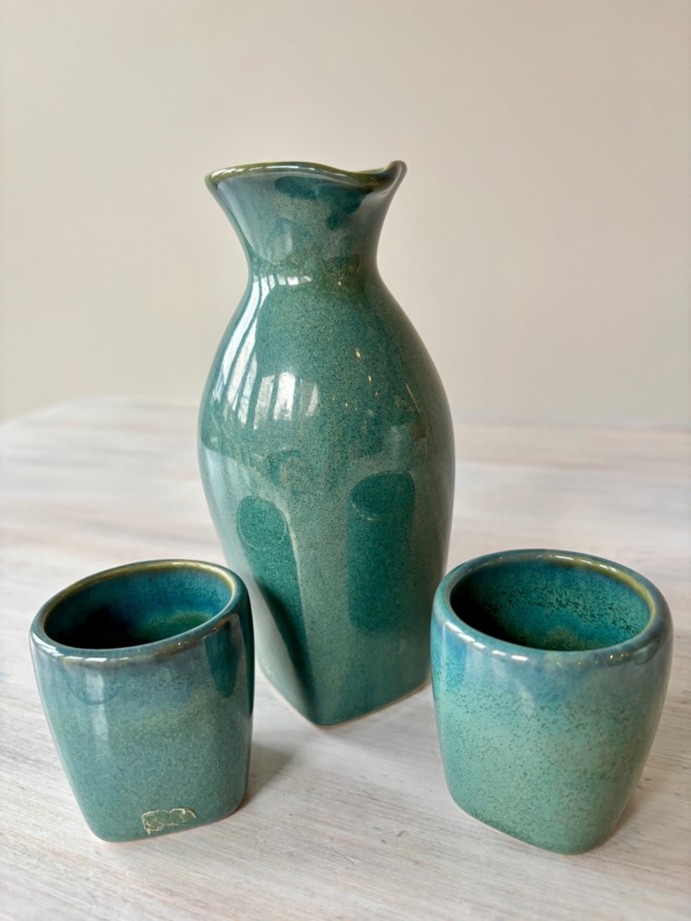 Japanese Ceramic Sake Set: (1) Tokkuri & 2 Ochokos in a Green‑Blue Glaze. NEW ❤️
